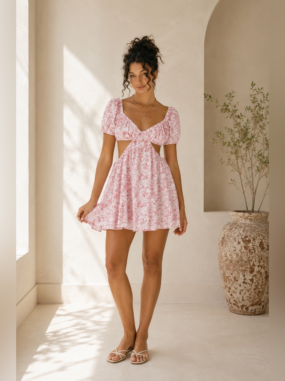 NWT Sabo Skirt Eilish Peony Floral Cut Out Mini Dress Pink Puff Sleeve S
